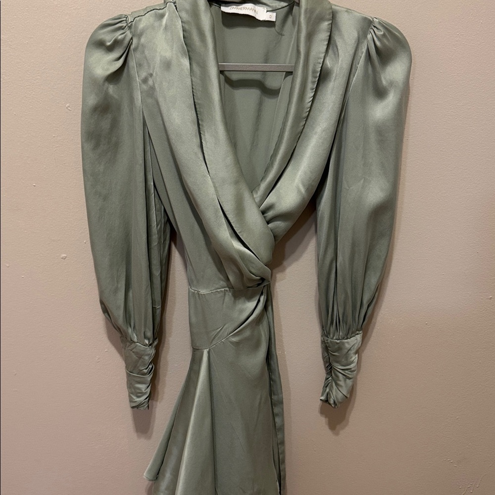 Zimmermann Silk Sage Green Long Sleeves Wrap Mini Dress - Picture 3 of 12